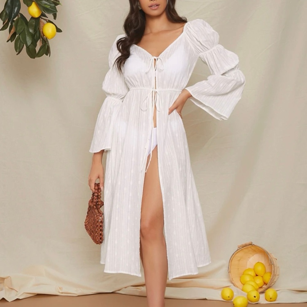 Cotton gathered sleeve tie front kimono